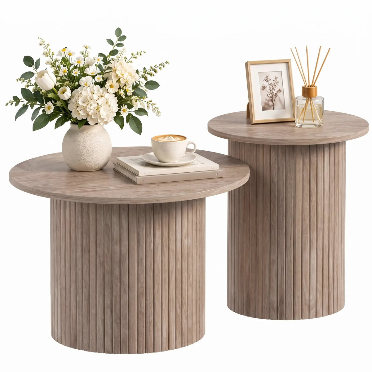 Round Nesting Coffee Table Set of 2, Fluted Mid Century Side Tables