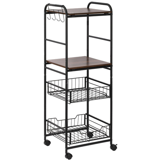 4 Tier Rolling Kitchen Cart, Utility and Industrial Storage Cart with 2 Basket Drawers, Side Hooks for Dining Room, Walnut - Gallery Canada