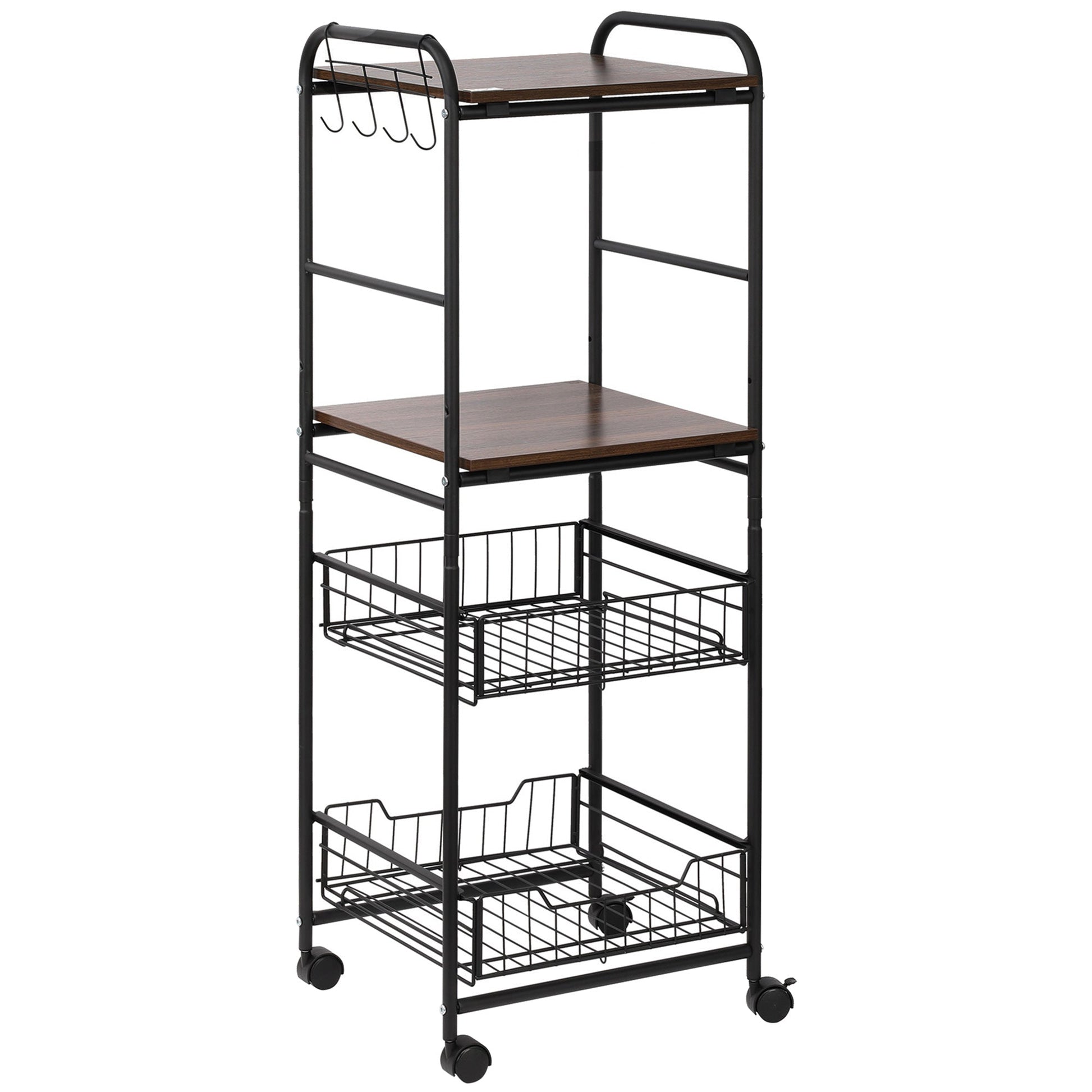 4 Tier Rolling Kitchen Cart, Utility and Industrial Storage Cart with 2 Basket Drawers, Side Hooks for Dining Room, Walnut at Gallery Canada