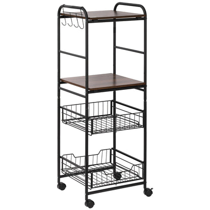 4 Tier Rolling Kitchen Cart, Utility and Industrial Storage Cart with 2 Basket Drawers, Side Hooks for Dining Room, Walnut at Gallery Canada