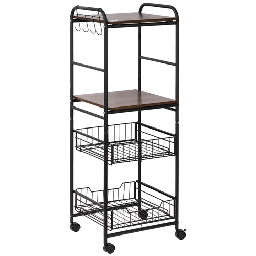 4 Tier Rolling Kitchen Cart, Utility and Industrial Storage Cart with 2 Basket Drawers, Side Hooks for Dining Room, Walnut
