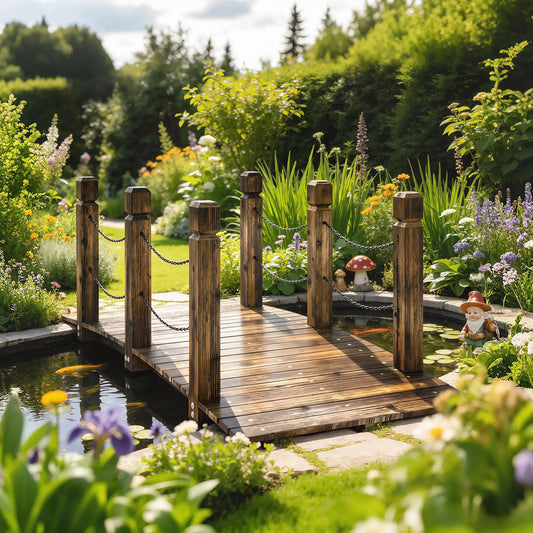 Garden Bridge, Carbonized Wood, Chain Handrails, 5ft Garden Decor Charred Wood Color at Gallery Canada