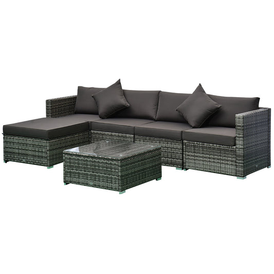 6 Pieces Outdoor PE Rattan Wicker Patio Furniture Sofa Set with Thick Cushions, Deluxe Garden Sectional Couch with Glass Top Table, Mixed Grey and Charcoal at Gallery Canada