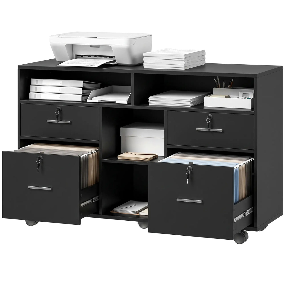 Filing Cabinet Locking Drawers Open Shelves 5 Casters, Black