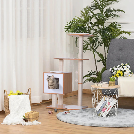 47" Wood Cat Tree, Scratching Post, Kitten House, Condo Cat Posts Natural at Gallery Canada