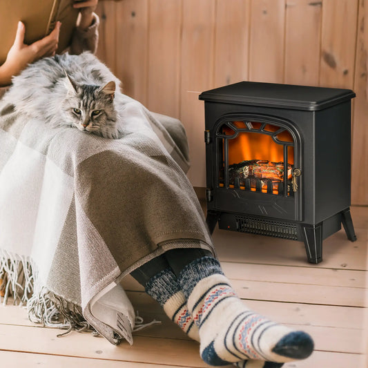 Freestanding Electric Fireplace Stove Heater, Realistic Flame, Overheat Protection, 750W/1500W, Black Electric Fireplaces Black at Gallery Canada