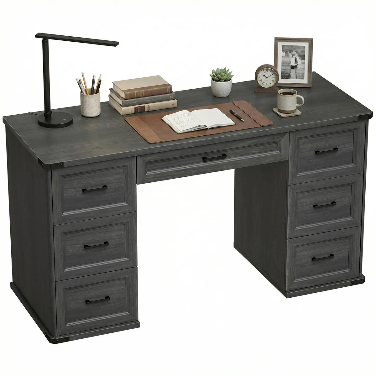 55" Computer Desk With 7 Drawers, Farmhouse Executive Desk, Black Wood Grain, Black Computer Desks at Gallery Canada