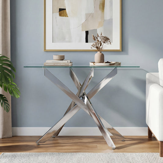 Modern Glass Console Table, Clear Tempered Glass Top, Silver Console Tables Silver at Gallery Canada