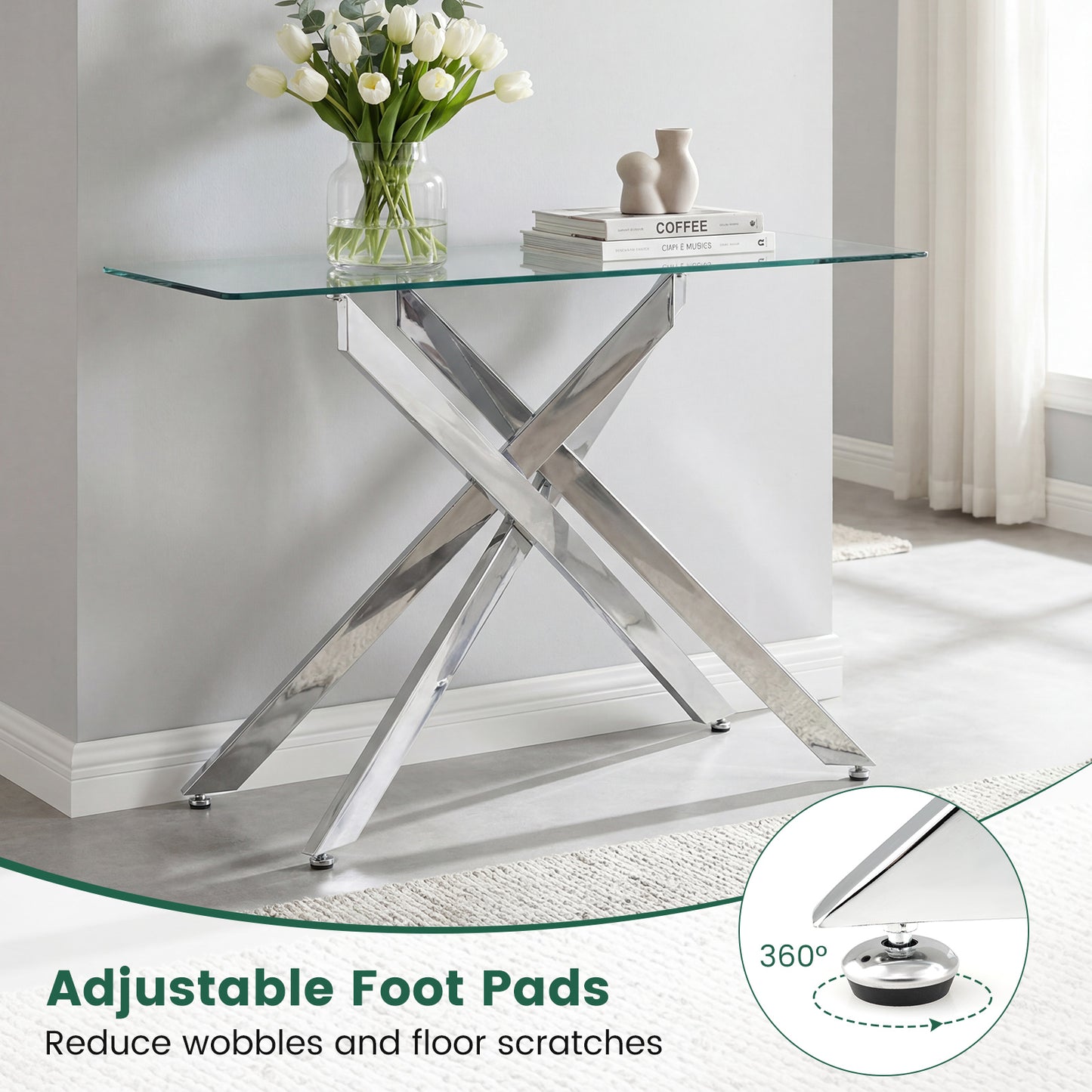 Modern Glass Console Table, Clear Tempered Glass Top, Silver Console Tables at Gallery Canada