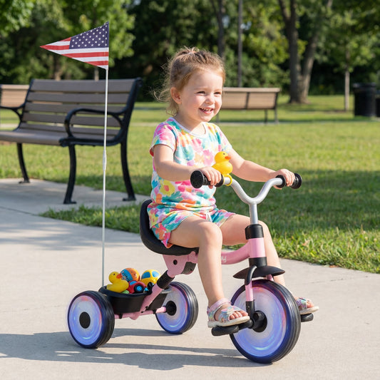 Glowing Wheels Toddler Tricycle, Foldable Kids Trike, Pink Push & Pedal Ride On Toys Pink at Gallery Canada