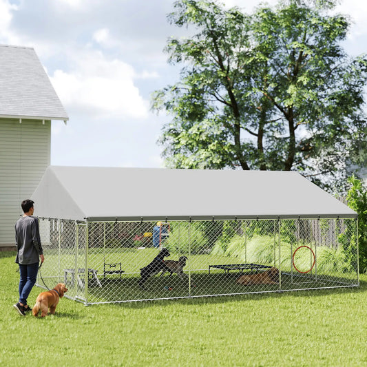 Galvanized Steel Dog Kennel With Roof, 19.7' x 14.8' x 7.9' Dog Kennels Silver at Gallery Canada