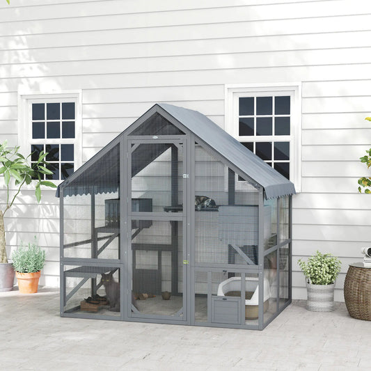 Large Catio, Waterproof Cover, 2 Resting Boxes, 4 Platforms, Bridge, Grey Outdoor Cat Enclosures Grey at Gallery Canada