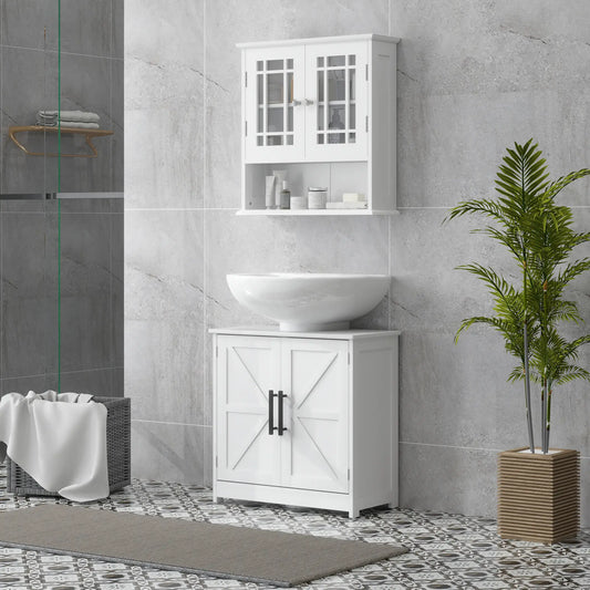 Farmhouse Pedestal Sink Cabinet, Bathroom Storage with 2 Barn Doors, Adjustable Shelf, White Bathroom Cabinets White at Gallery Canada