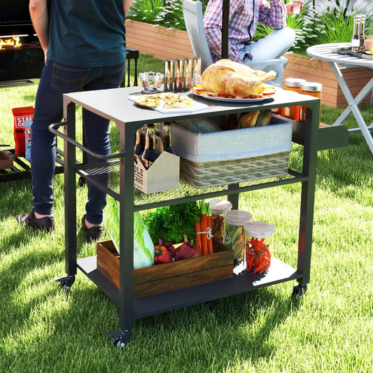 3-Tier Outdoor Grill Cart, Pizza Oven Stand, Storage Rack, 4 Wheels Outdoor Grill Carts Black at Gallery Canada