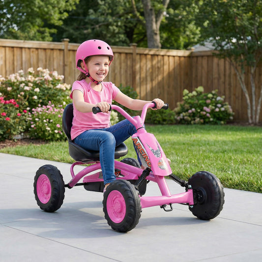Go Kart for Kids 4 Wheel with Steering Handlebars and Adjustable Seat, Pink