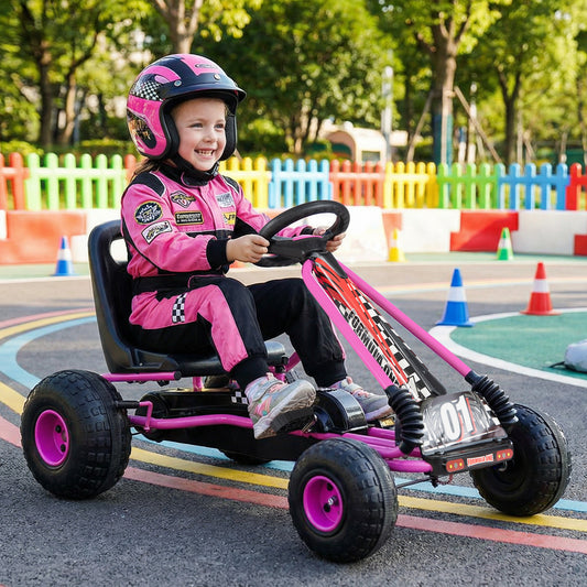 Go Kart for Kids 4 Wheels Pedal with Adjustable Seat and Multi-Terrain Wheels, Pink Push & Pedal Ride On Toys Pink at Gallery Canada