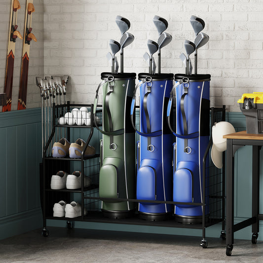 Golf Bag Organizer 3 Golf Bag Stand with Lockable Wheels and Hooks, Black Golf Black at Gallery Canada