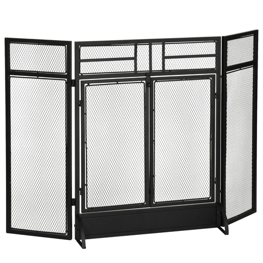 3-Panel Steel Mesh Fireplace Screen, Decorative Fire Spark Guard Cover with Double Doors, 47x31in, Black - Gallery Canada