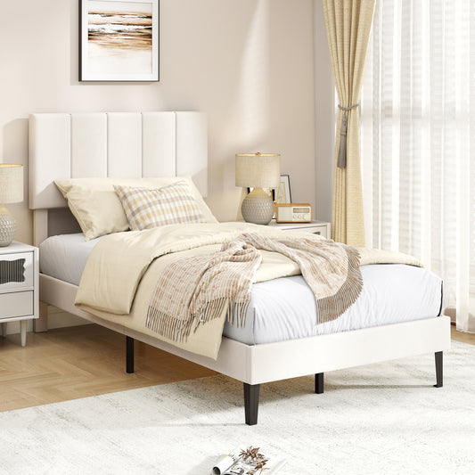 Gray Linen Upholstered Platform Bed with Height Adjustable Vertical Channel Headboard-Twin Size Simple Bed Frame Beige at Gallery Canada