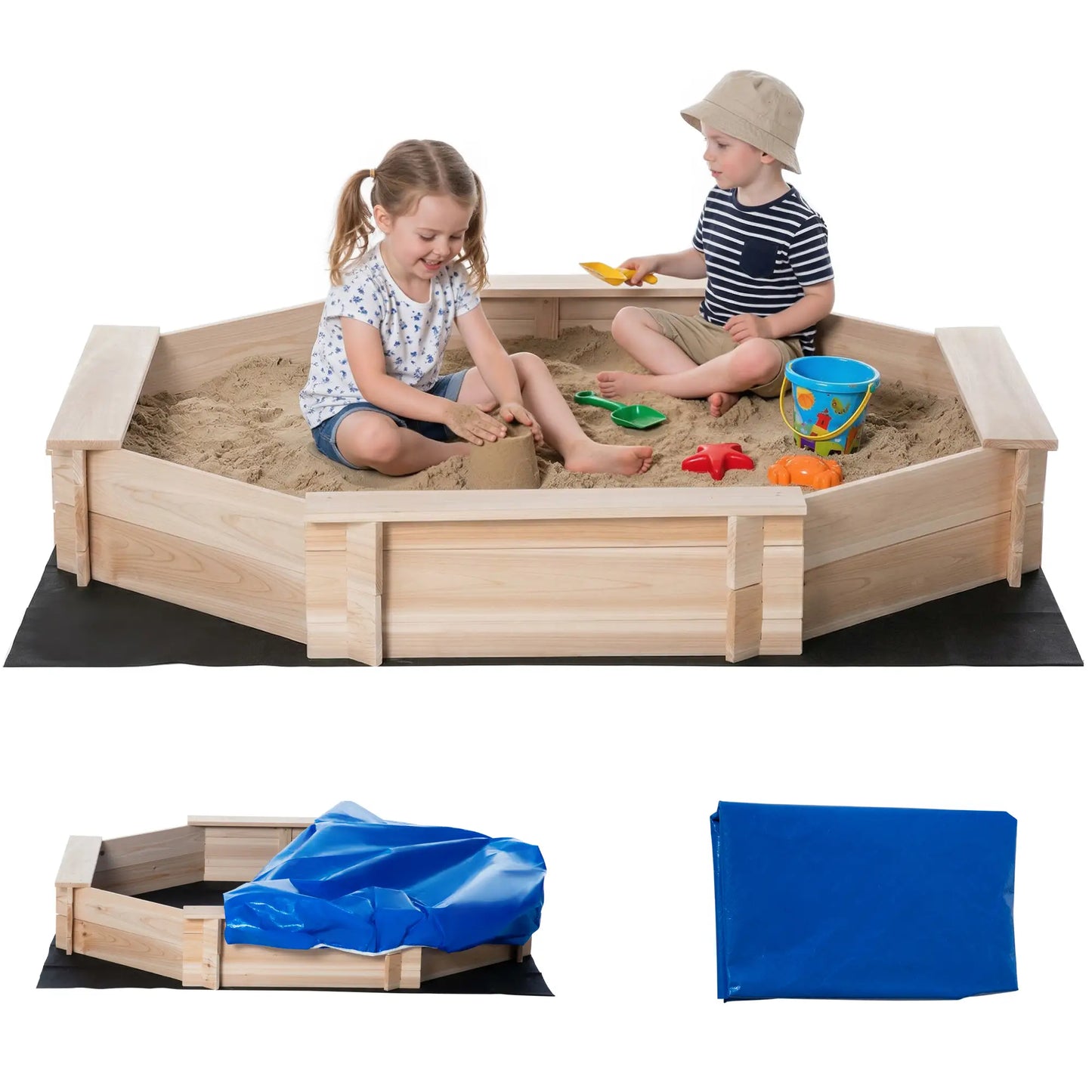 Kids Sandbox With Cover, Wooden Sand Box, Outdoor Sand Pit for Ages 3-8, Natural Sandboxes & Accessories at Gallery Canada