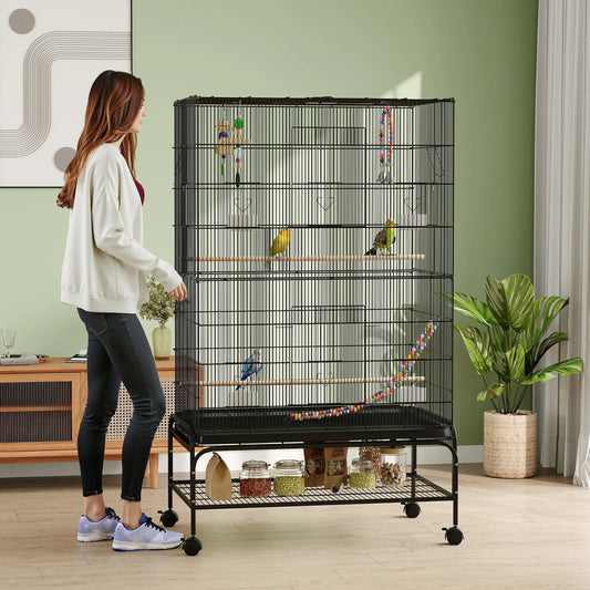 63" Bird Cage With Open Top, Stand, Toys, Removable Tray, Storage Shelf Bird Cages Black at Gallery Canada