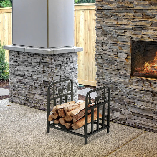 Curved Firewood Rack, Bear Pine Tree Design, 17 Inch, 110 Lbs., Black Firewood Racks Black at Gallery Canada