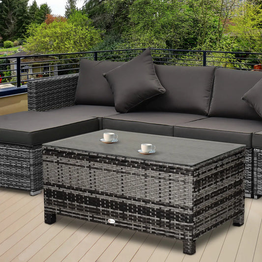 Outdoor PE Rattan Wicker Table, Glass Top, 24in, Mixed Grey Coffee Tables Mixed Grey at Gallery Canada