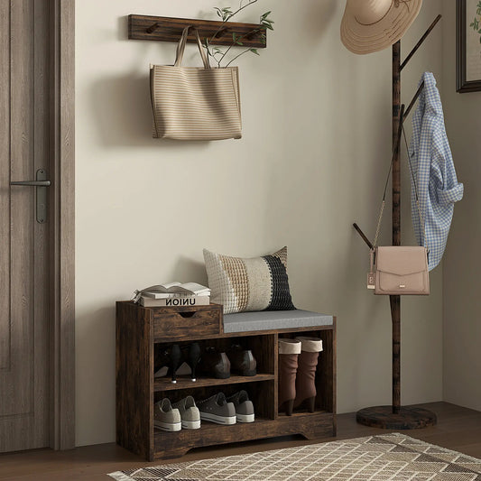 Upholstered Shoe Storage Bench, Seat, Drawer, 3 Shelves, Brown Shoe Storage Cabinets & Racks Rustic Brown, Grey at Gallery Canada