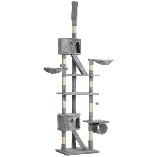 94"-102" Huge Cat Tree Ceiling High Cat Condo Scratching Post Activity Center Multi-Level Play House Light Grey - Gallery Canada