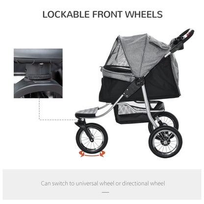 Pet Stroller with 3 Wheels, One-click Folding Design, Adjustable Canopy, Zippered Mesh Window Door, Grey at Gallery Canada