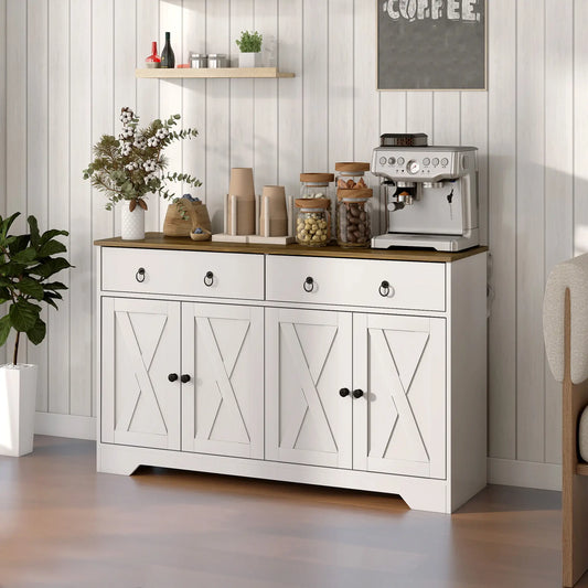 Kitchen Sideboard Cabinet, 2 Drawers, 4 Barn Doors, 2 Adjustable Shelves, White Bar Cabinets White, Brown at Gallery Canada