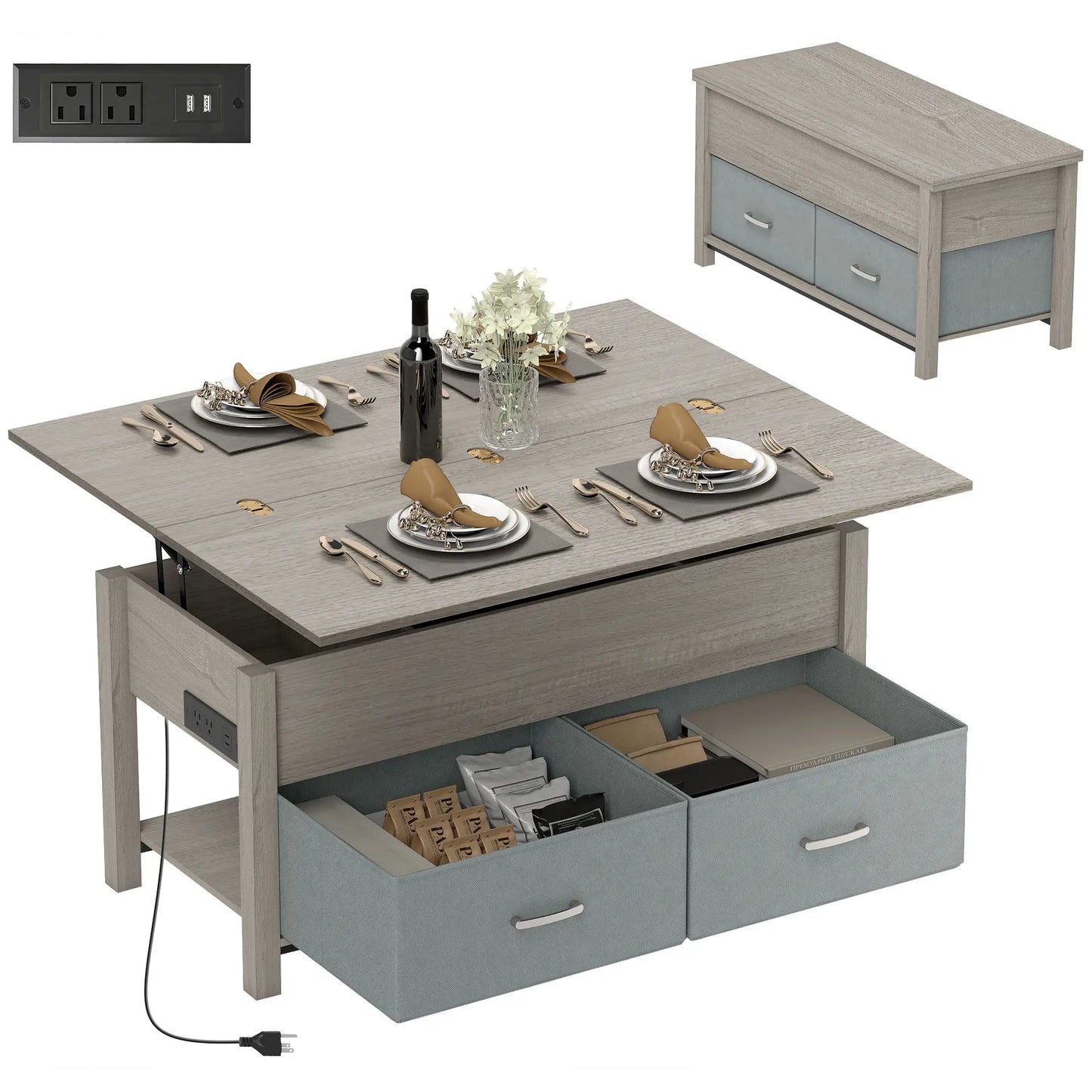 Lift Top Coffee Table, 3 Hidden Compartments, 2 Fabric Drawers, Expandable Top, Charging Station Coffee Tables at Gallery Canada