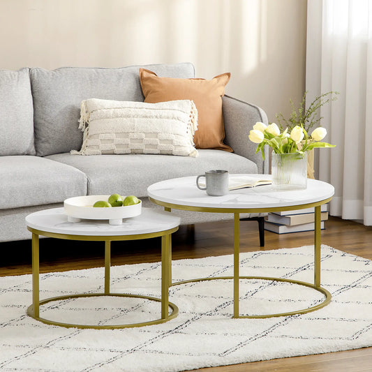 29" Round Nesting Tables, Set of 2, Modern Side Tables, White Coffee Tables White, Gold at Gallery Canada