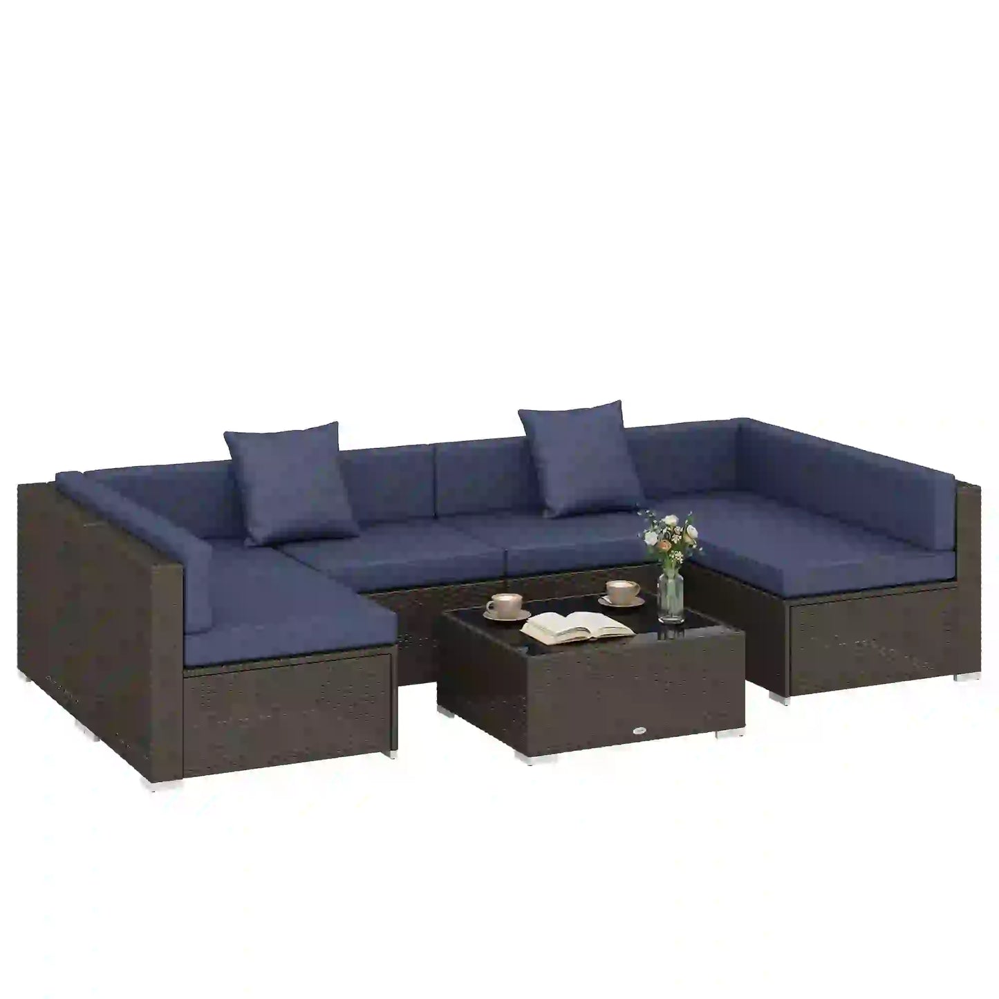 7pc Garden Wicker Sectional Set, Patio Rattan Lounge Sofa, Navy Blue Patio Furniture Sets at Gallery Canada