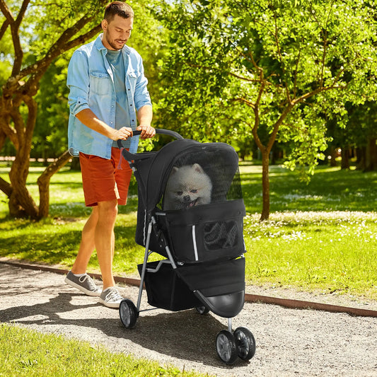 3 Wheels Foldable Dog Stroller, Storage Basket, Adjustable Canopy, Black Dog Bike Trailers & Strollers Black at Gallery Canada