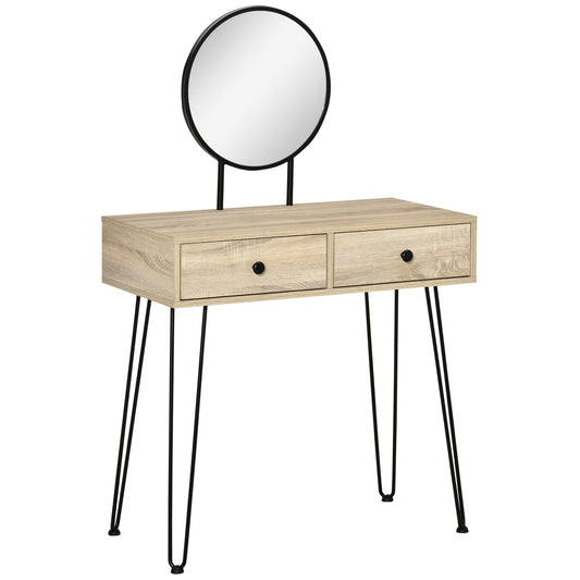 Vanity Table, Makeup Vanity Desk with Round Mirror, 2 Drawers, Modern Dressing Table for Bedroom, Oak - Gallery Canada