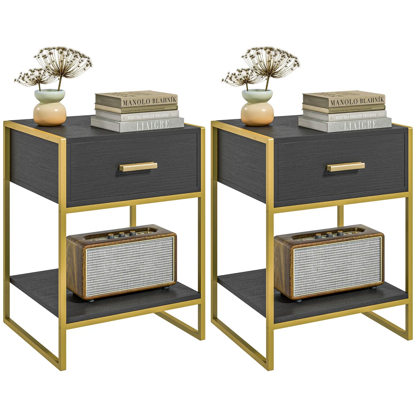 Modern Nightstand Set of 2, Small with Drawer, Shelf, Steel Frame, Black Bedside Tables at Gallery Canada