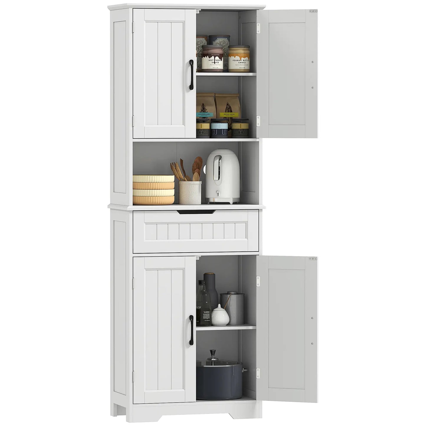 68" Tall Kitchen Buffet Hutch, 4 Doors, Drawer, Open Counter, White Kitchen Pantry Cabinets at Gallery Canada