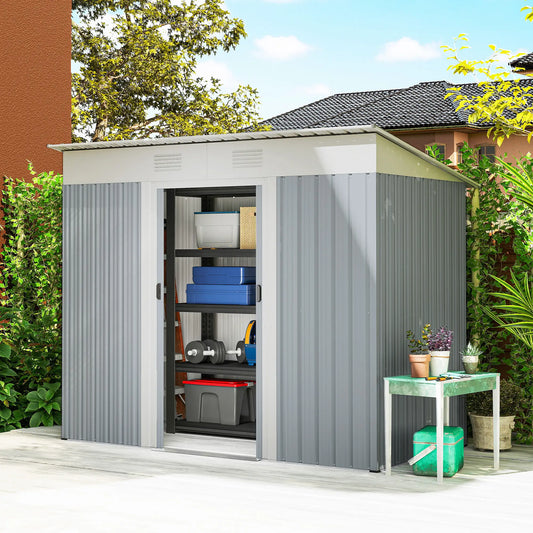 7' x 4' Metal Garden Shed, Lockable Sliding Doors, Vents, Grey