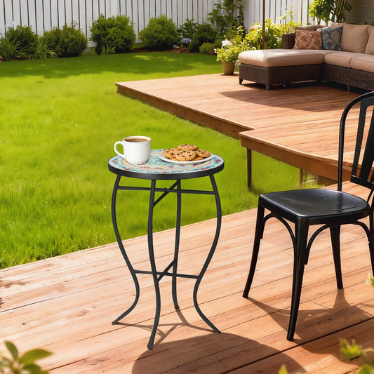 Round Mosaic Patio Table, Metal Frame, Outdoor Garden Furniture, Multicolor Patio Side Tables Red, Green, Black at Gallery Canada