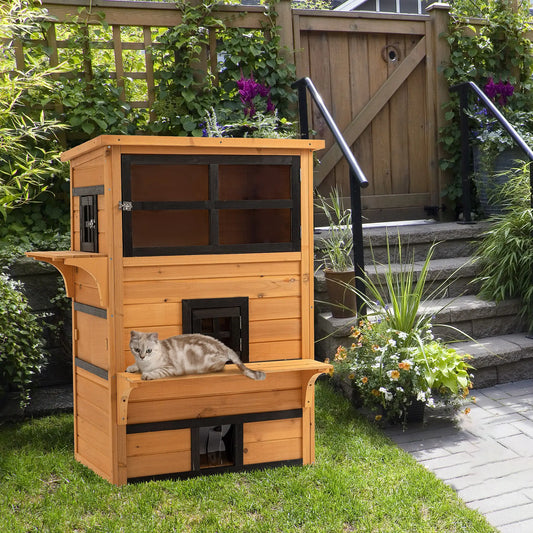 Outdoor Cat House, 3-Tier Kitty Shelter, Weather Resistant, Escape Door Cat Houses Yellow, Black at Gallery Canada