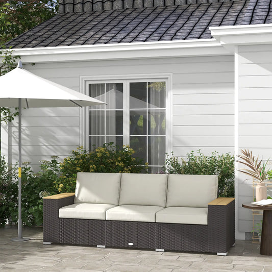 3-Seat Outdoor Couch with Cushions, PE Rattan, Wood Grain Armrests, Cream White Patio Furniture Sets Brown, Cream White at Gallery Canada