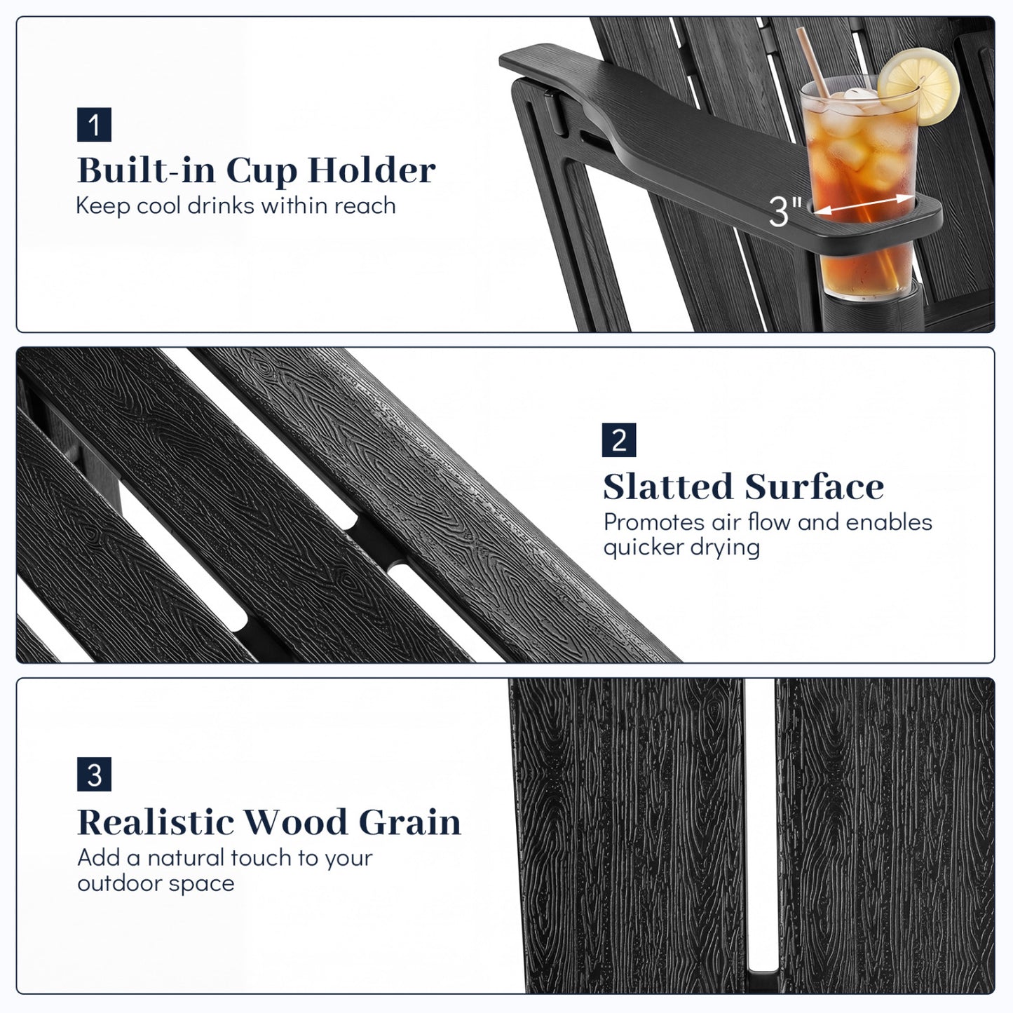 HDPE Adirondack Chairs, Realistic Wood Grain, Black Adirondack Chairs at Gallery Canada