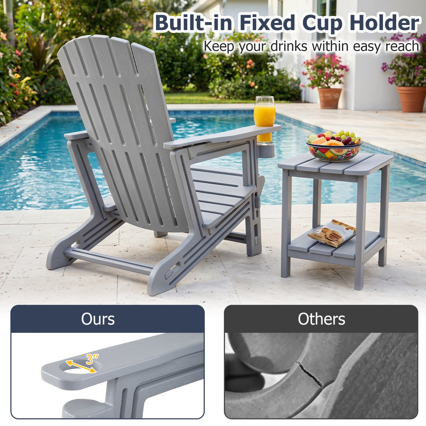 HDPE Adirondack Chair with Cup Holder, Gray