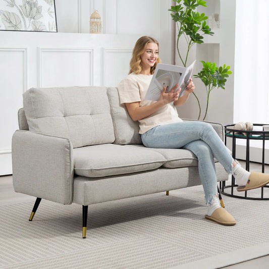 55" Loveseat, Fabric Sofa, Button Tufted Back, Steel Legs, Cream White 2-Seater Sofas Cream at Gallery Canada