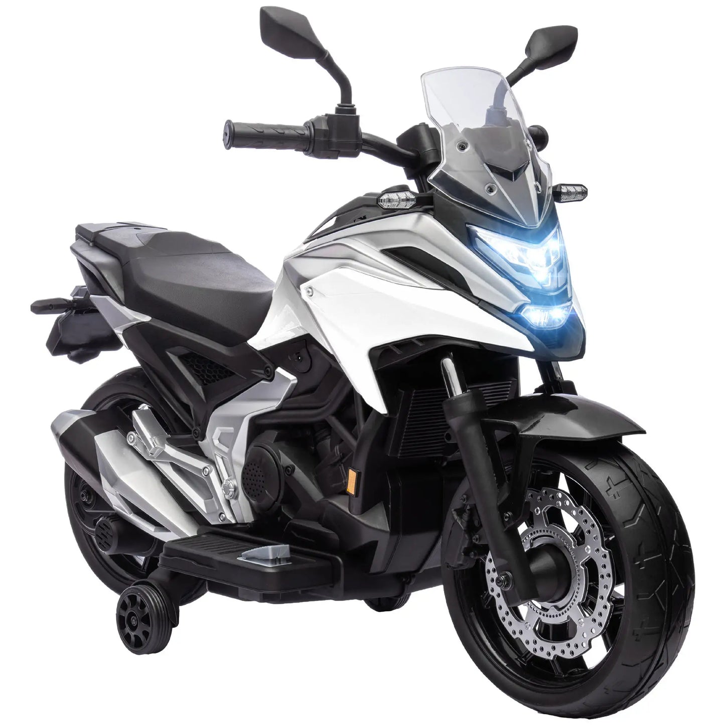 12V Ride on Motorbike for Kids, with Headlights Music Training Wheels, White Electric Motorcycles at Gallery Canada