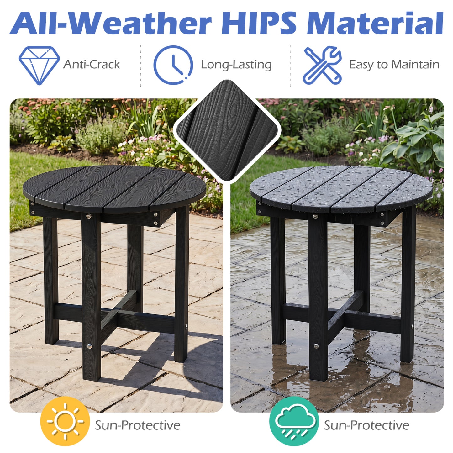 HIPS Adirondack Side Table with Weather-Resistant and Waterproof Top, Black