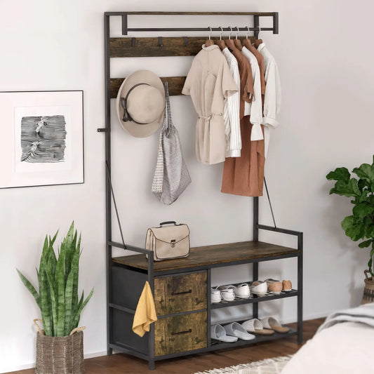 6-In-1 Hall Tree, Bench with Shoe Storage, 10 Hooks, 2 Fabric Drawers, Rustic Brown Clothing Storage Rustic Brown, Matte Black at Gallery Canada