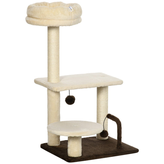 29 Inches Cat Tree Kitty Tower with Sisal Scratching Post Bed Perch Ball Teaser Toy, Beige - Gallery Canada