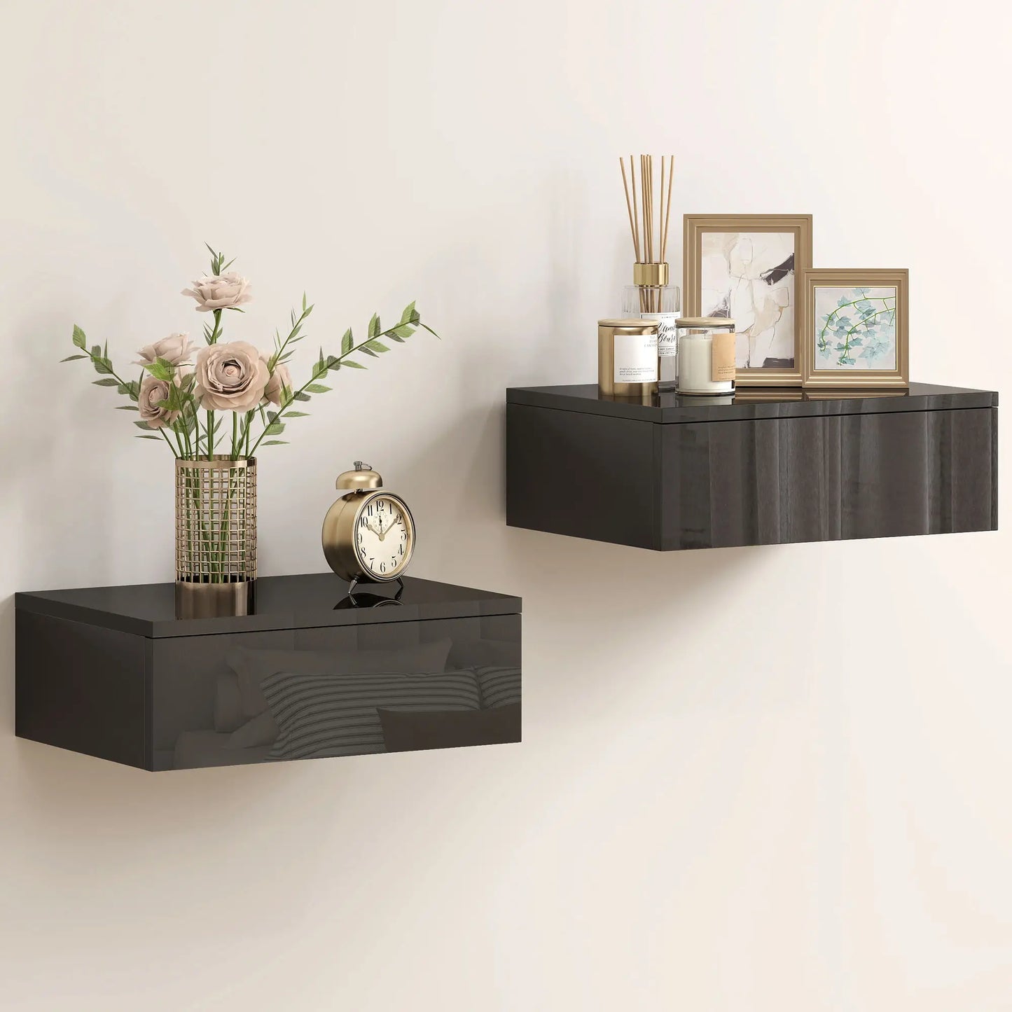 Set of 2 Wall Mounted Bedside Tables, High Gloss Floating Nightstands with Drawer for Bedroom, Black Bedside Tables at Gallery Canada
